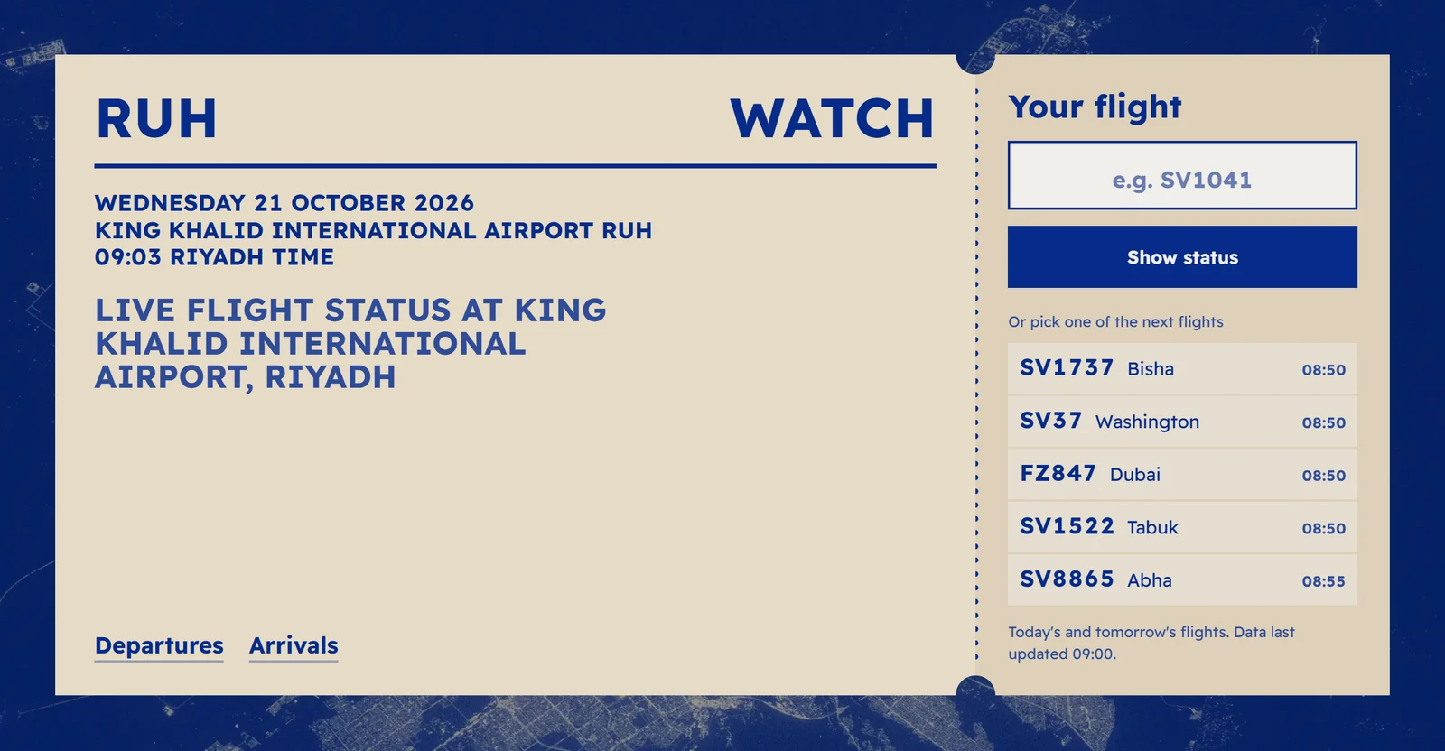 RUH Watch's first screen: the date and time at King Khalid International Airport, search by flight number, and the next flights