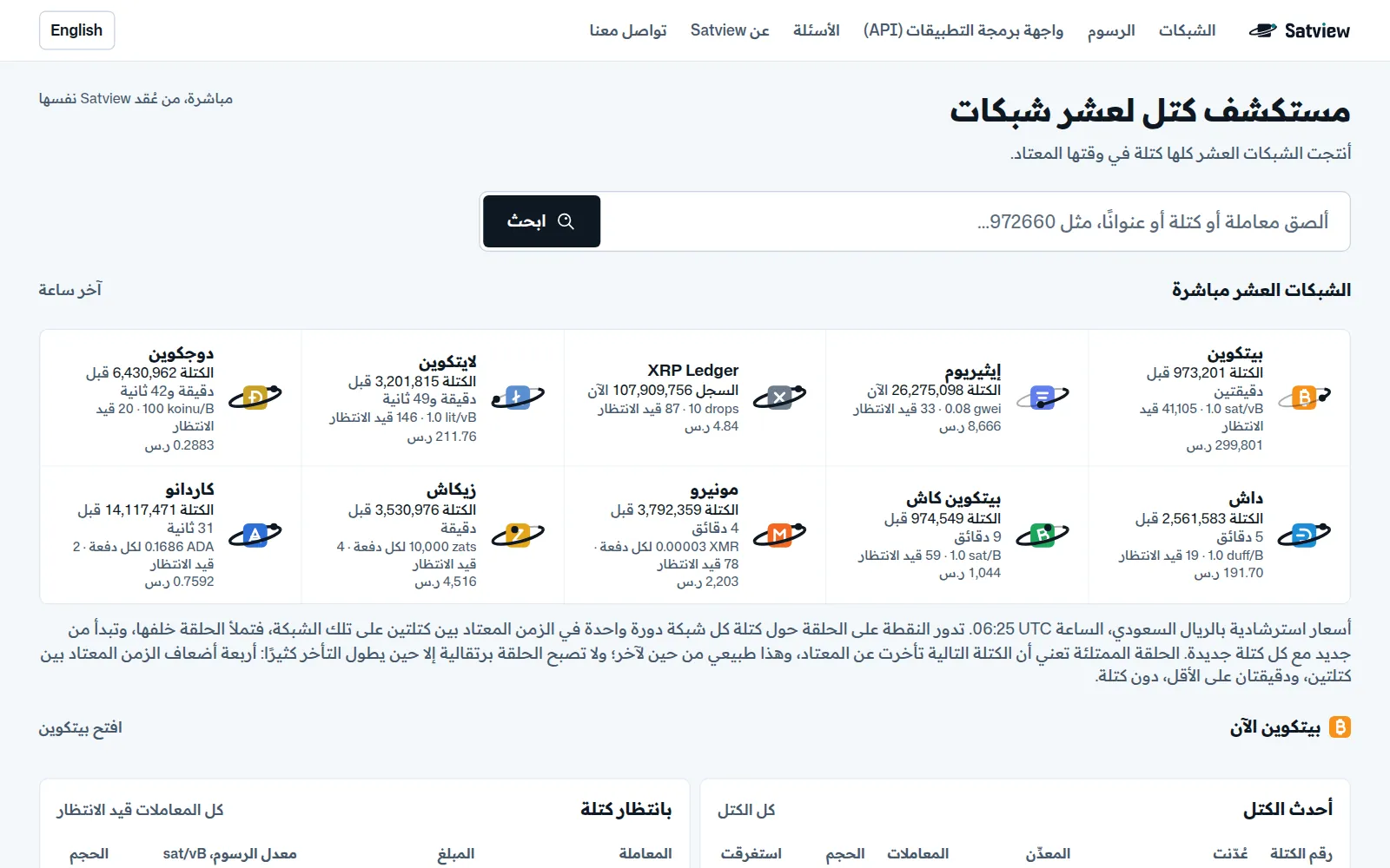 صفحة Satview الرئيسية فيها بحث واحد في الشبكات العشر، وكل شبكة مباشرة بآخر كتلة فيها ورسومها وسعرها
