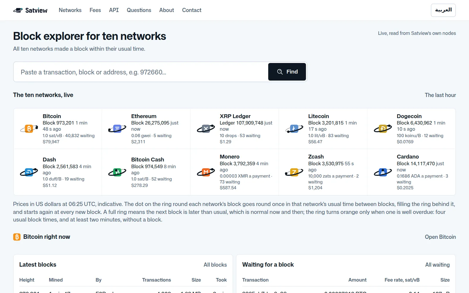 Satview's home page: one search for all ten networks, and each network live with its latest block, fee and price