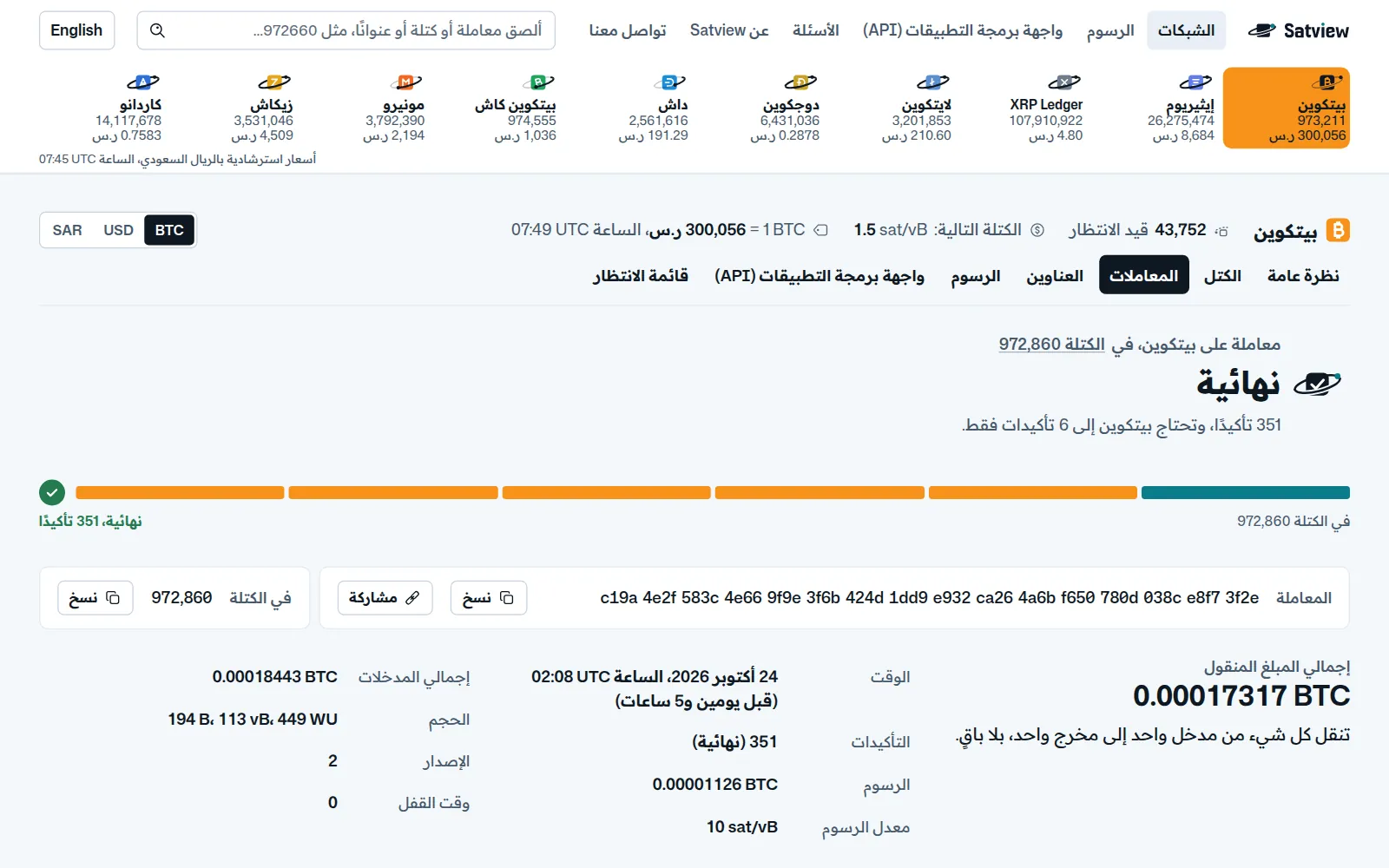 معاملة على بيتكوين في Satview صارت نهائية، مع شريط تأكيداتها والمبلغ الذي نقلته ورسومها وحجمها